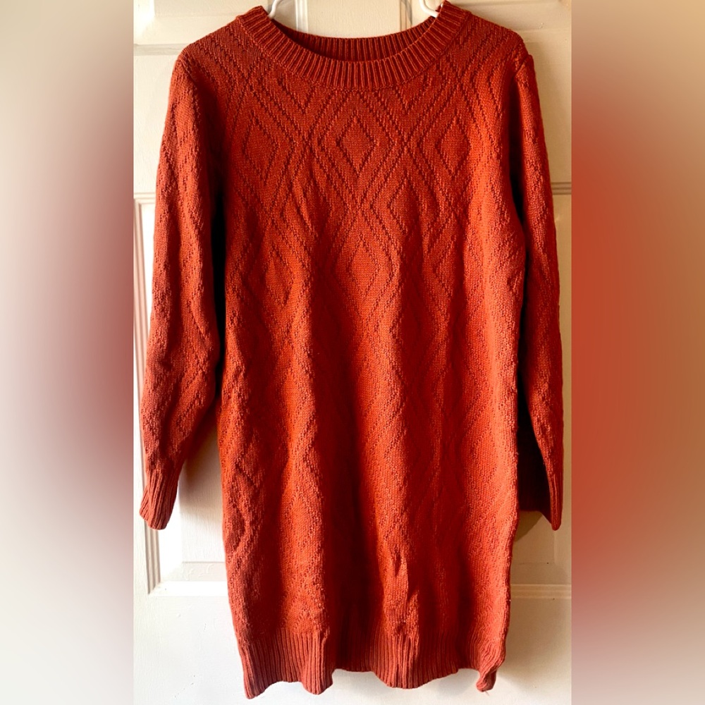 Rust Pumpkin Orange Diamond Pattern Ribbed Detail Sweater Knit Mini Dress Medium